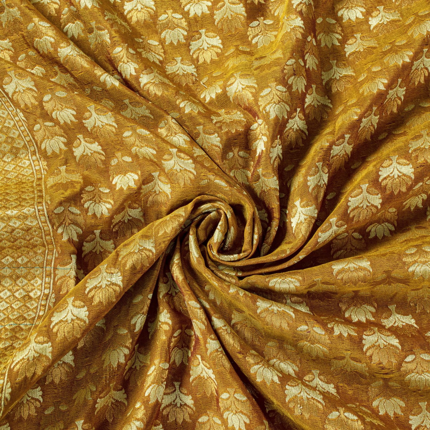 Sanskriti Vintage Mustard Pure Silk Saree Hand Woven Floral Sari 5.5 Yd Craft