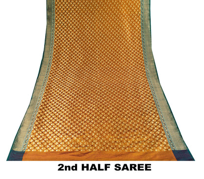 Sanskriti Vintage Mustard Pure Silk Saree Hand Woven Floral Sari 5.5 Yd Craft
