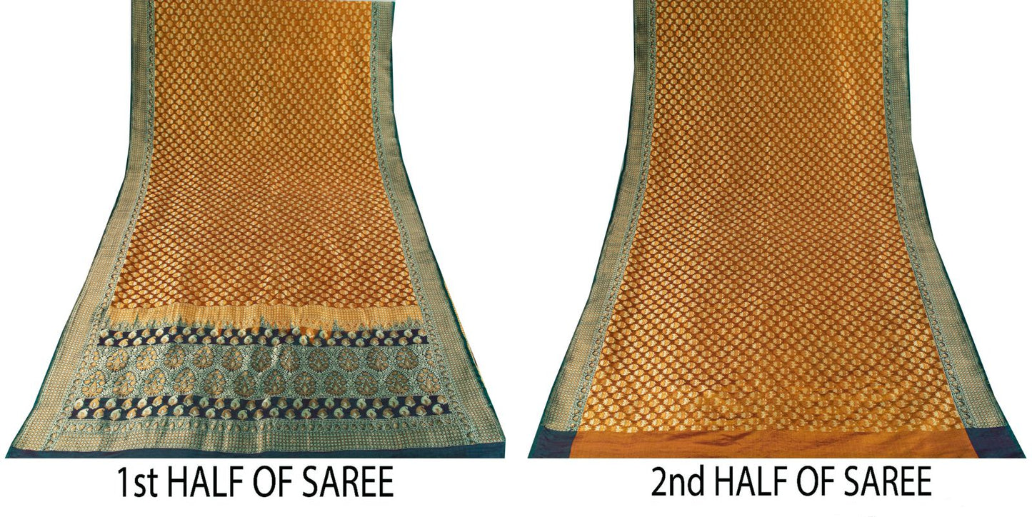 Sanskriti Vintage Mustard Pure Silk Saree Hand Woven Floral Sari 5.5 Yd Craft