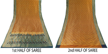 Sanskriti Vintage Mustard Pure Silk Saree Hand Woven Floral Sari 5.5 Yd Craft