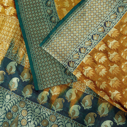 Sanskriti Vintage Mustard Pure Silk Saree Hand Woven Floral Sari 5.5 Yd Craft
