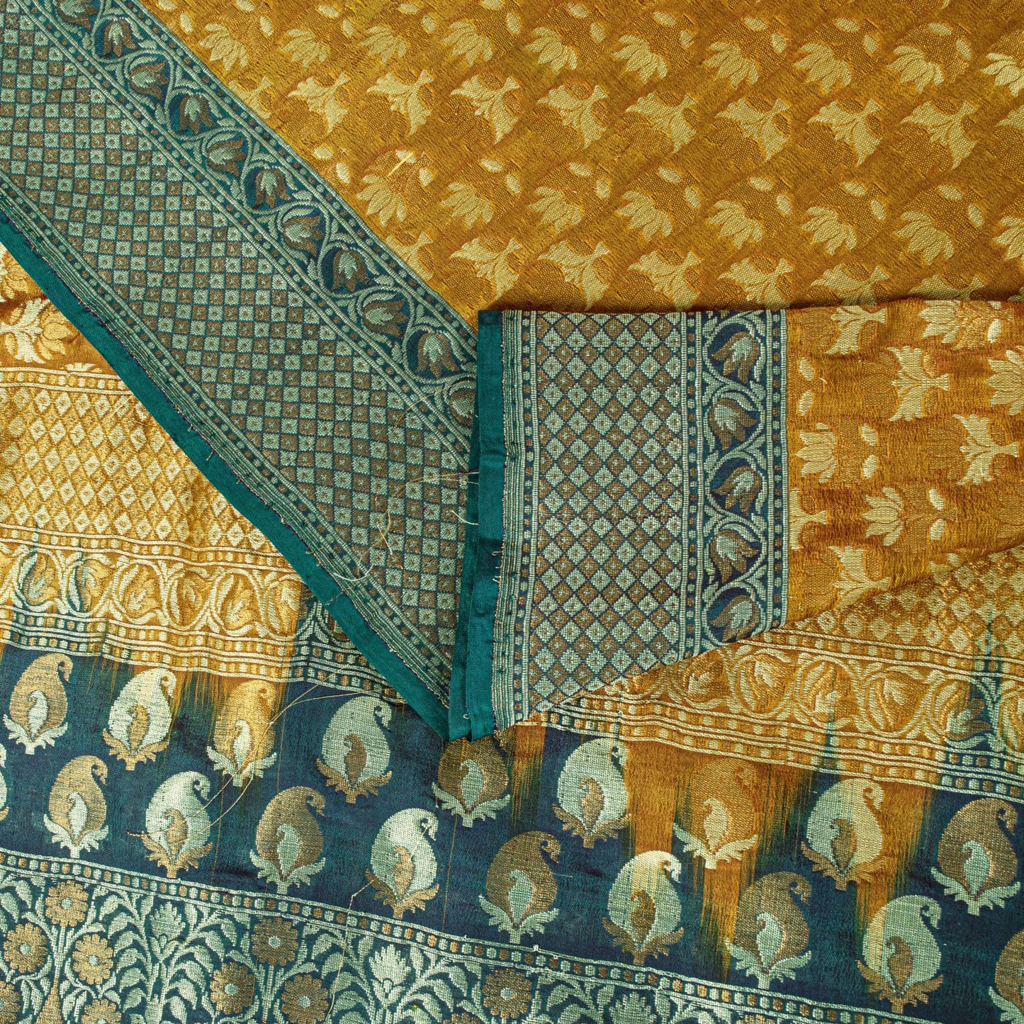 Sanskriti Vintage Mustard Pure Silk Saree Hand Woven Floral Sari 5.5 Yd Craft