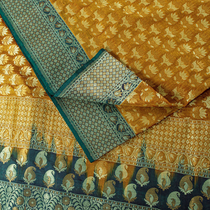 Sanskriti Vintage Mustard Pure Silk Saree Hand Woven Floral Sari 5.5 Yd Craft