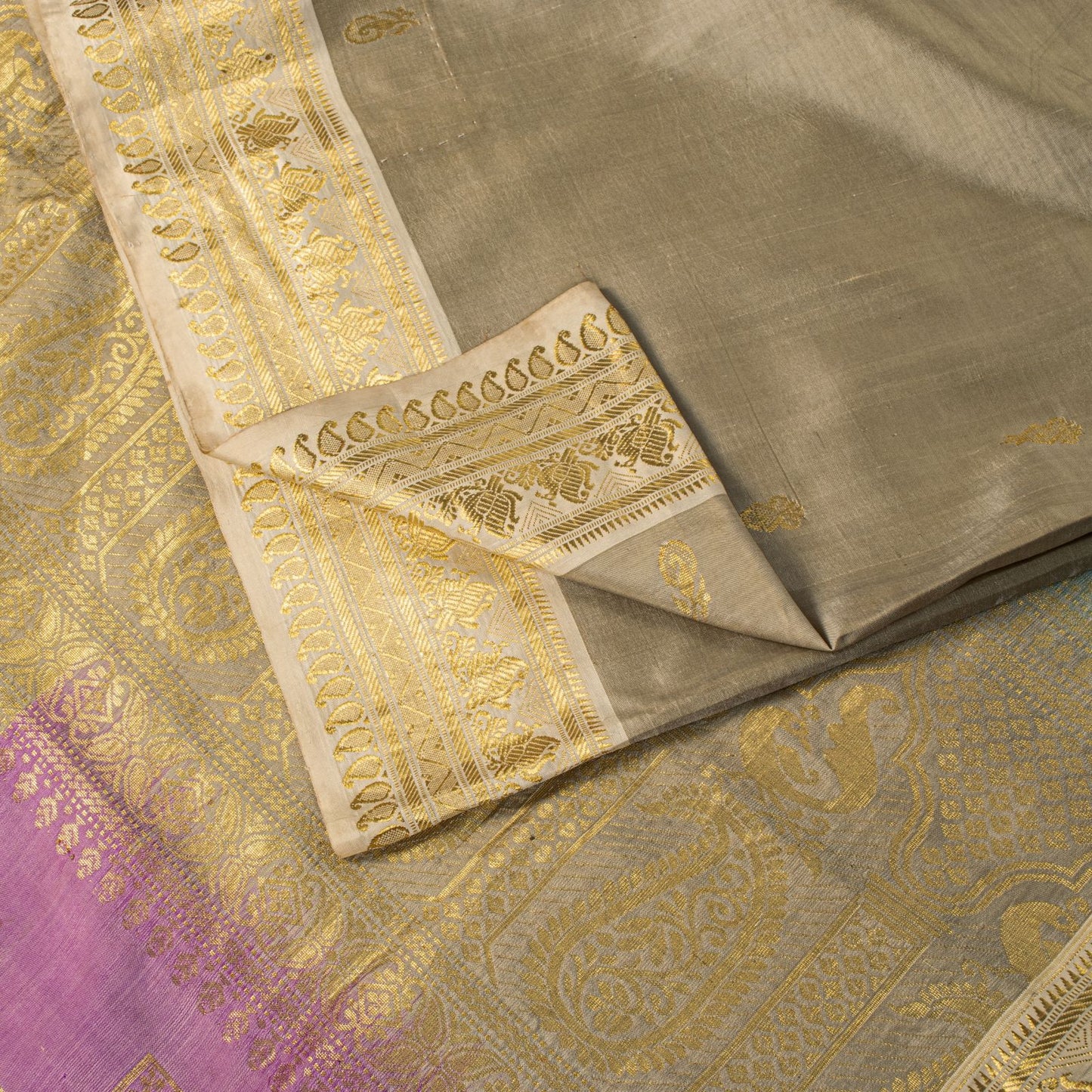 Sanskriti Vintage Saree Silver-Green Pure Silk Zari Hand Woven Sari 6YD Fabric