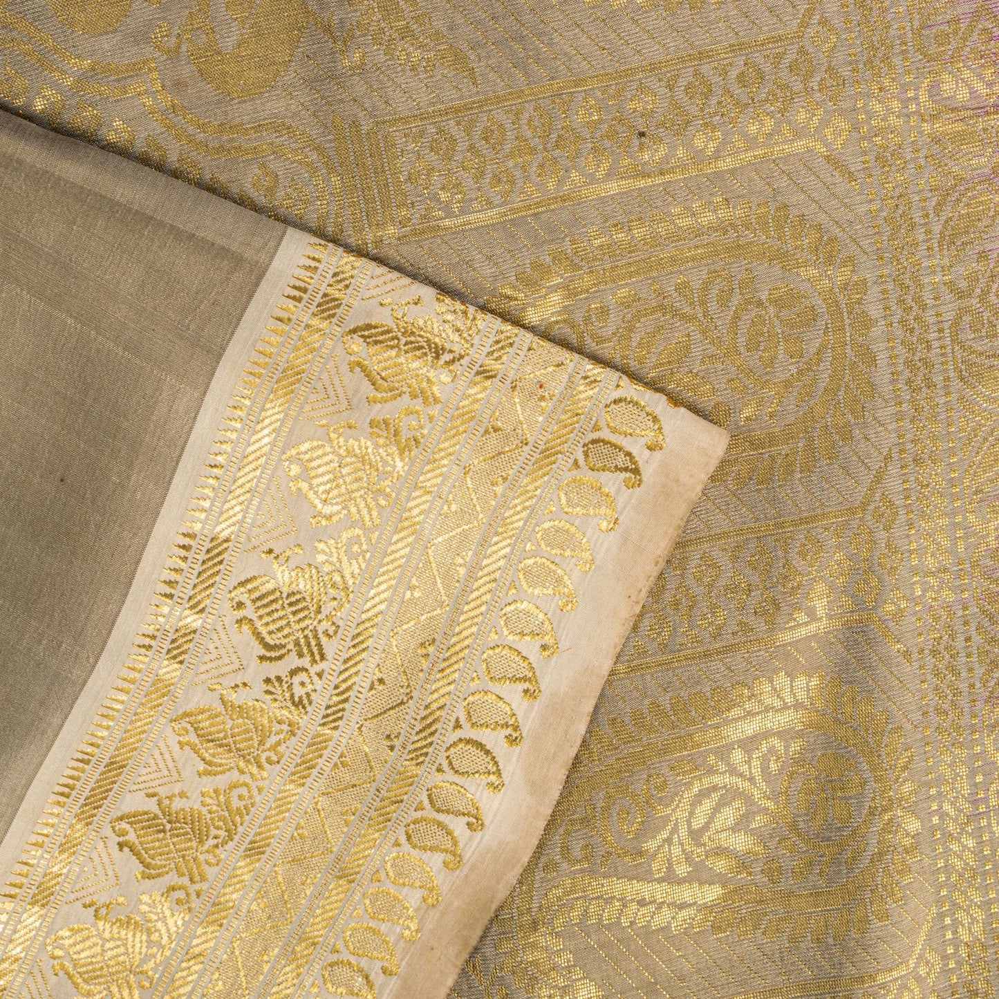 Sanskriti Vintage Saree Silver-Green Pure Silk Zari Hand Woven Sari 6YD Fabric