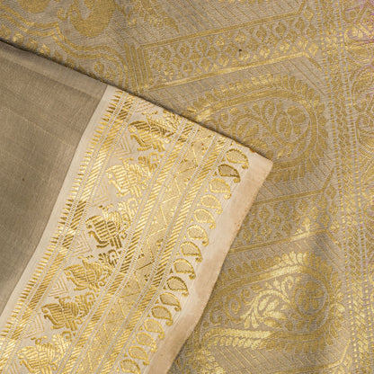 Sanskriti Vintage Saree Silver-Green Pure Silk Zari Hand Woven Sari 6YD Fabric