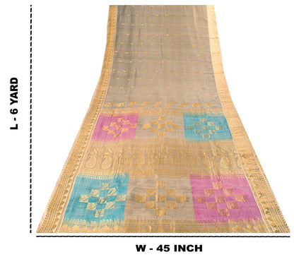 Sanskriti Vintage Saree Silver-Green Pure Silk Zari Hand Woven Sari 6YD Fabric
