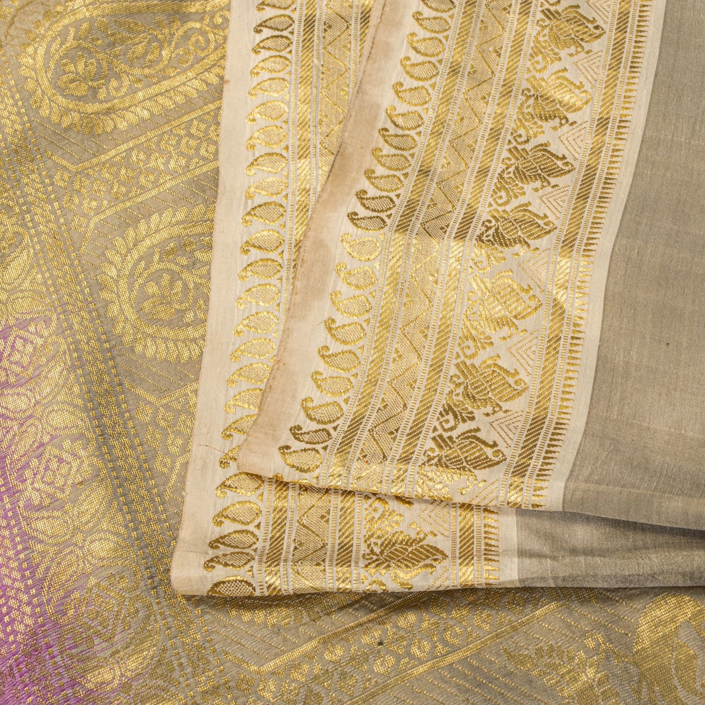 Sanskriti Vintage Saree Silver-Green Pure Silk Zari Hand Woven Sari 6YD Fabric