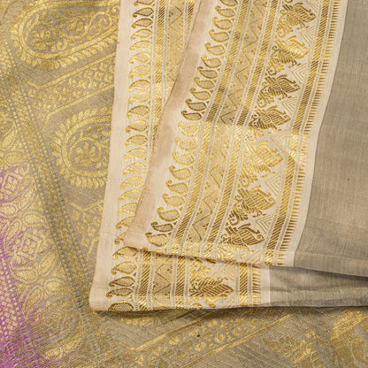 Sanskriti Vintage Saree Silver-Green Pure Silk Zari Hand Woven Sari 6YD Fabric