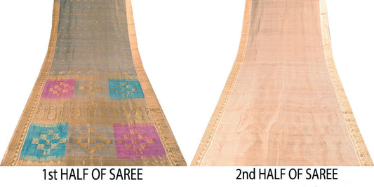 Sanskriti Vintage Saree Silver-Green Pure Silk Zari Hand Woven Sari 6YD Fabric