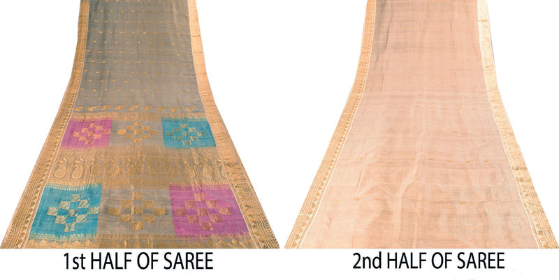 Sanskriti Vintage Saree Silver-Green Pure Silk Zari Hand Woven Sari 6YD Fabric