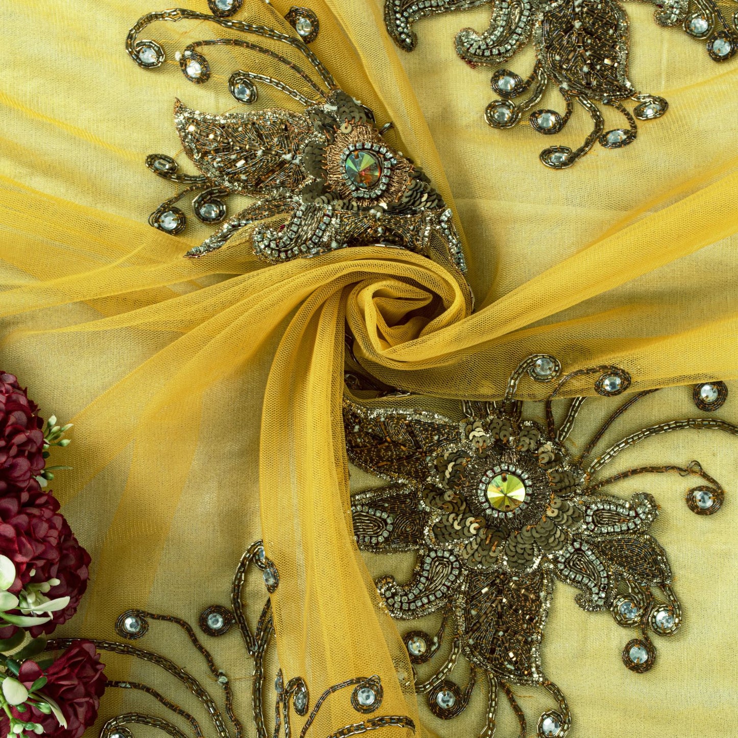 Sanskriti Vintage Yellow Net Saree Hand Embroidery Zari Zardozi Beaded Sari 7 Yd