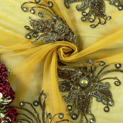 Sanskriti Vintage Yellow Net Saree Hand Embroidery Zari Zardozi Beaded Sari 7 Yd