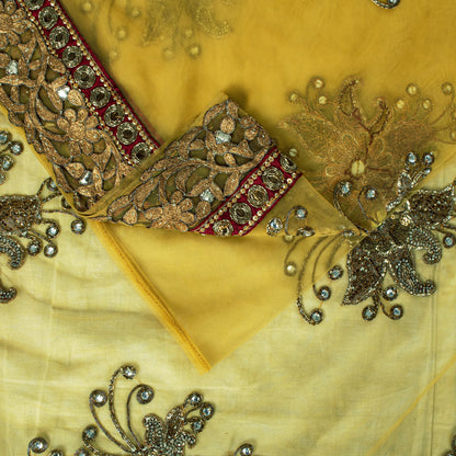 Sanskriti Vintage Yellow Net Saree Hand Embroidery Zari Zardozi Beaded Sari 7 Yd