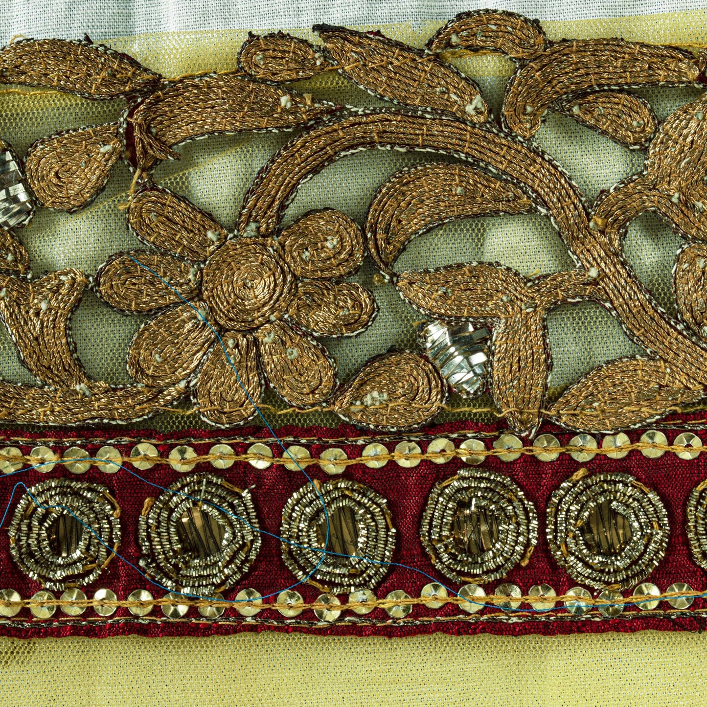 Sanskriti Vintage Yellow Net Saree Hand Embroidery Zari Zardozi Beaded Sari 7 Yd