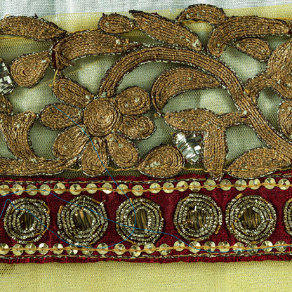Sanskriti Vintage Yellow Net Saree Hand Embroidery Zari Zardozi Beaded Sari 7 Yd