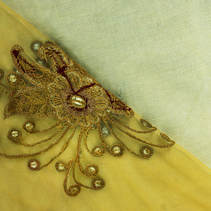 Sanskriti Vintage Yellow Net Saree Hand Embroidery Zari Zardozi Beaded Sari 7 Yd