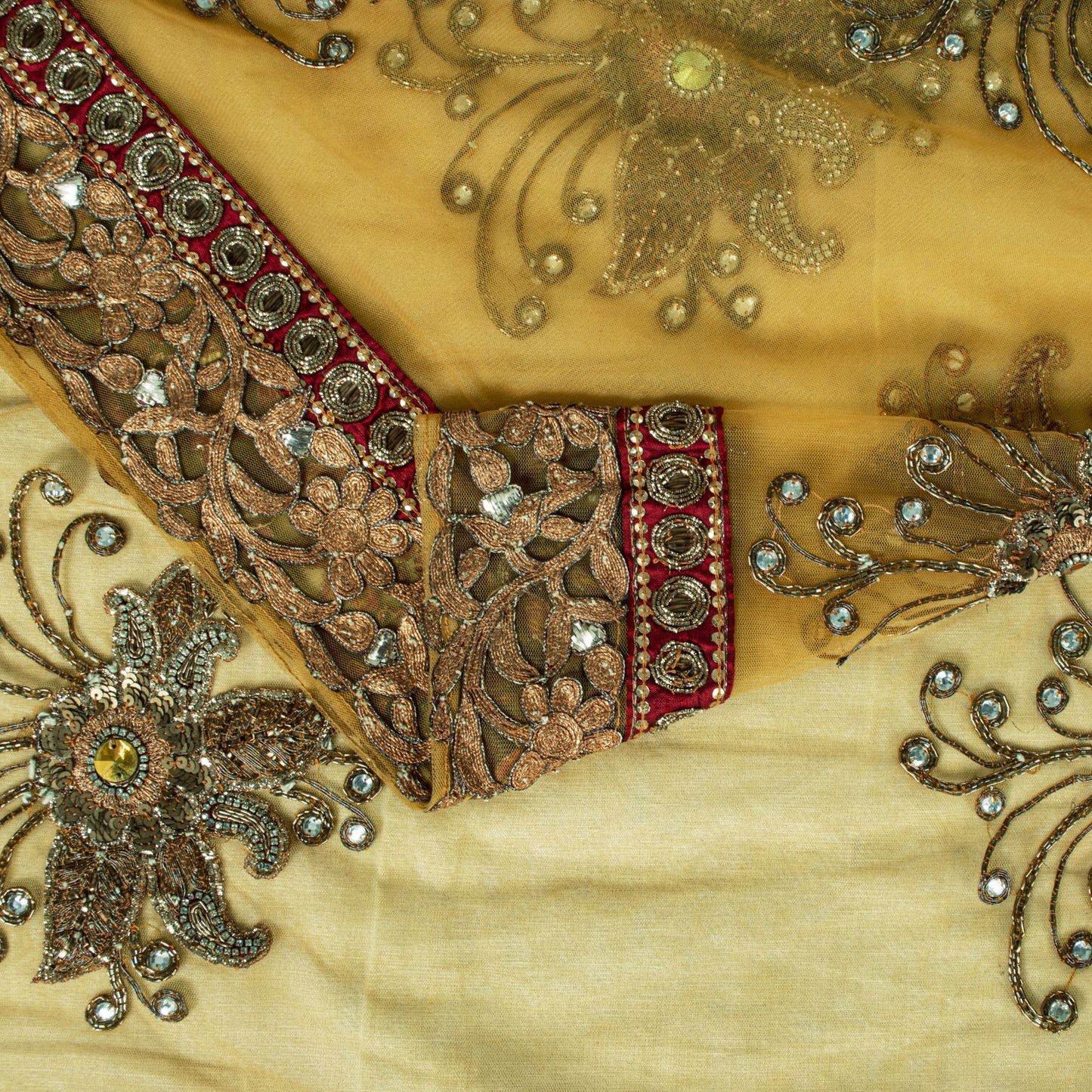Sanskriti Vintage Yellow Net Saree Hand Embroidery Zari Zardozi Beaded Sari 7 Yd