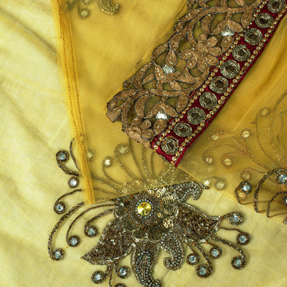 Sanskriti Vintage Yellow Net Saree Hand Embroidery Zari Zardozi Beaded Sari 7 Yd