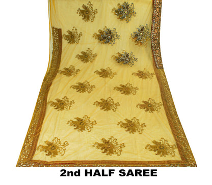 Sanskriti Vintage Yellow Net Saree Hand Embroidery Zari Zardozi Beaded Sari 7 Yd