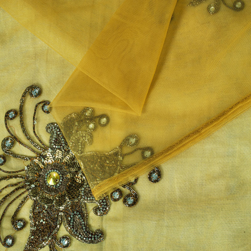 Sanskriti Vintage Yellow Net Saree Hand Embroidery Zari Zardozi Beaded Sari 7 Yd