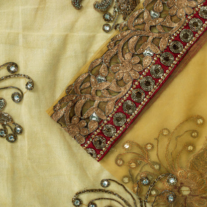 Sanskriti Vintage Yellow Net Saree Hand Embroidery Zari Zardozi Beaded Sari 7 Yd
