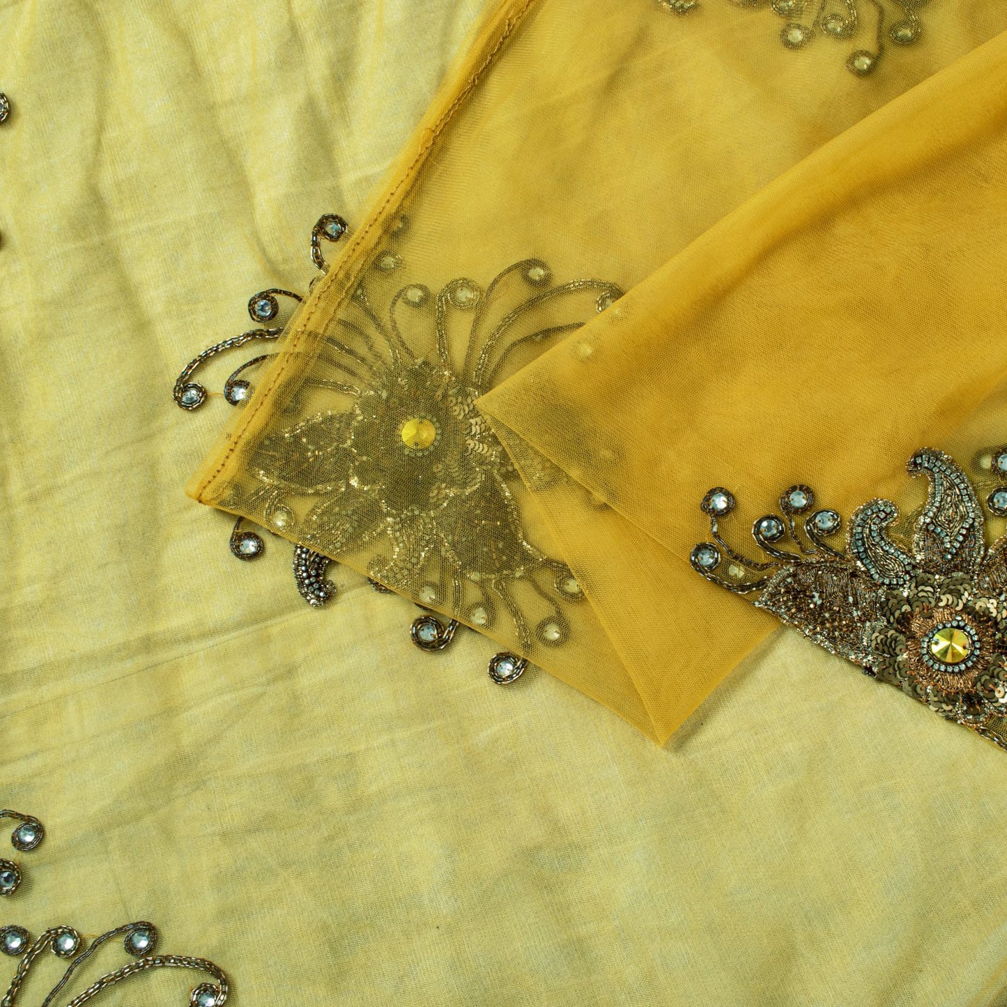 Sanskriti Vintage Yellow Net Saree Hand Embroidery Zari Zardozi Beaded Sari 7 Yd