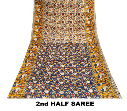Sanskriti Vintage Saree White Cotton Silk Handmade Kalamkari Sari 6 Blouse PC