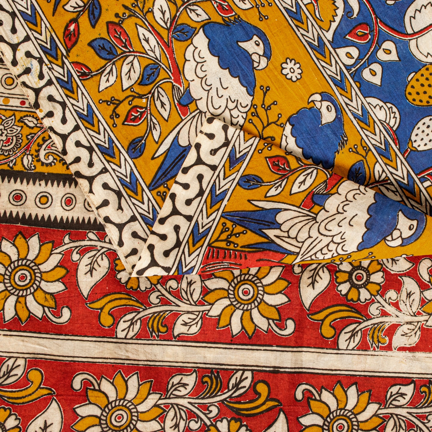 Sanskriti Vintage Saree White Cotton Silk Handmade Kalamkari Sari 6 Blouse PC