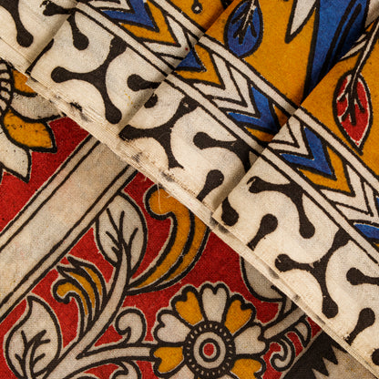 Sanskriti Vintage Saree White Cotton Silk Handmade Kalamkari Sari 6 Blouse PC