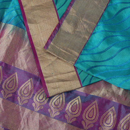 Sanskriti Vintage Saree Blue Pure Silk Brocade Zari Hand Woven Sari 5.5 Yd Craft