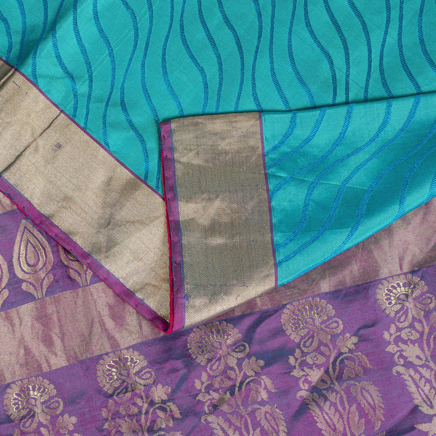 Sanskriti Vintage Saree Blue Pure Silk Brocade Zari Hand Woven Sari 5.5 Yd Craft
