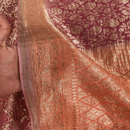 Sanskriti Vintage Saree Pink Soft Pure Silk Brocade Zari Hand Woven Sari 5.5 YD