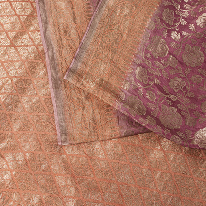 Sanskriti Vintage Saree Pink Soft Pure Silk Brocade Zari Hand Woven Sari 5.5 YD