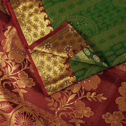 Sanskriti Vintage Saree Green-Red Soft Pure Silk Hand Woven Sari 5.5 Yd Fabric