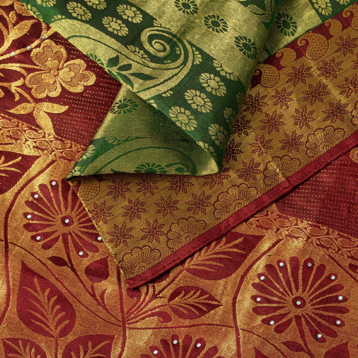 Sanskriti Vintage Saree Green-Red Soft Pure Silk Hand Woven Sari 5.5 Yd Fabric