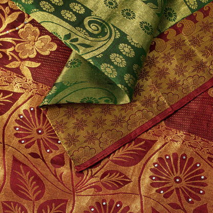 Sanskriti Vintage Saree Green-Red Soft Pure Silk Hand Woven Sari 5.5 Yd Fabric