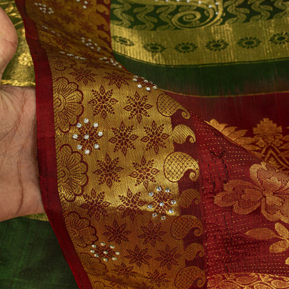 Sanskriti Vintage Saree Green-Red Soft Pure Silk Hand Woven Sari 5.5 Yd Fabric