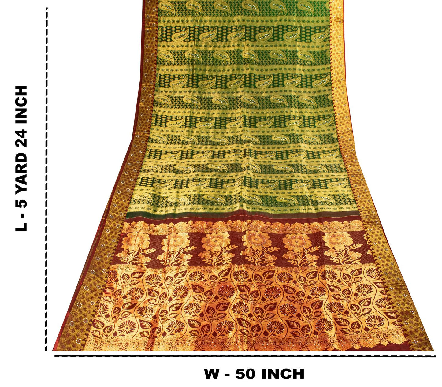 Sanskriti Vintage Saree Green-Red Soft Pure Silk Hand Woven Sari 5.5 Yd Fabric