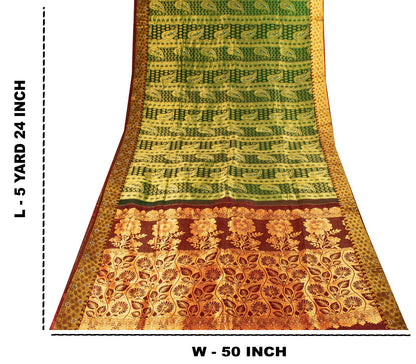 Sanskriti Vintage Saree Green-Red Soft Pure Silk Hand Woven Sari 5.5 Yd Fabric
