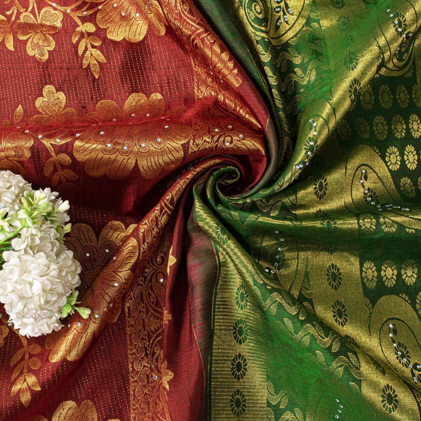 Sanskriti Vintage Saree Green-Red Soft Pure Silk Hand Woven Sari 5.5 Yd Fabric