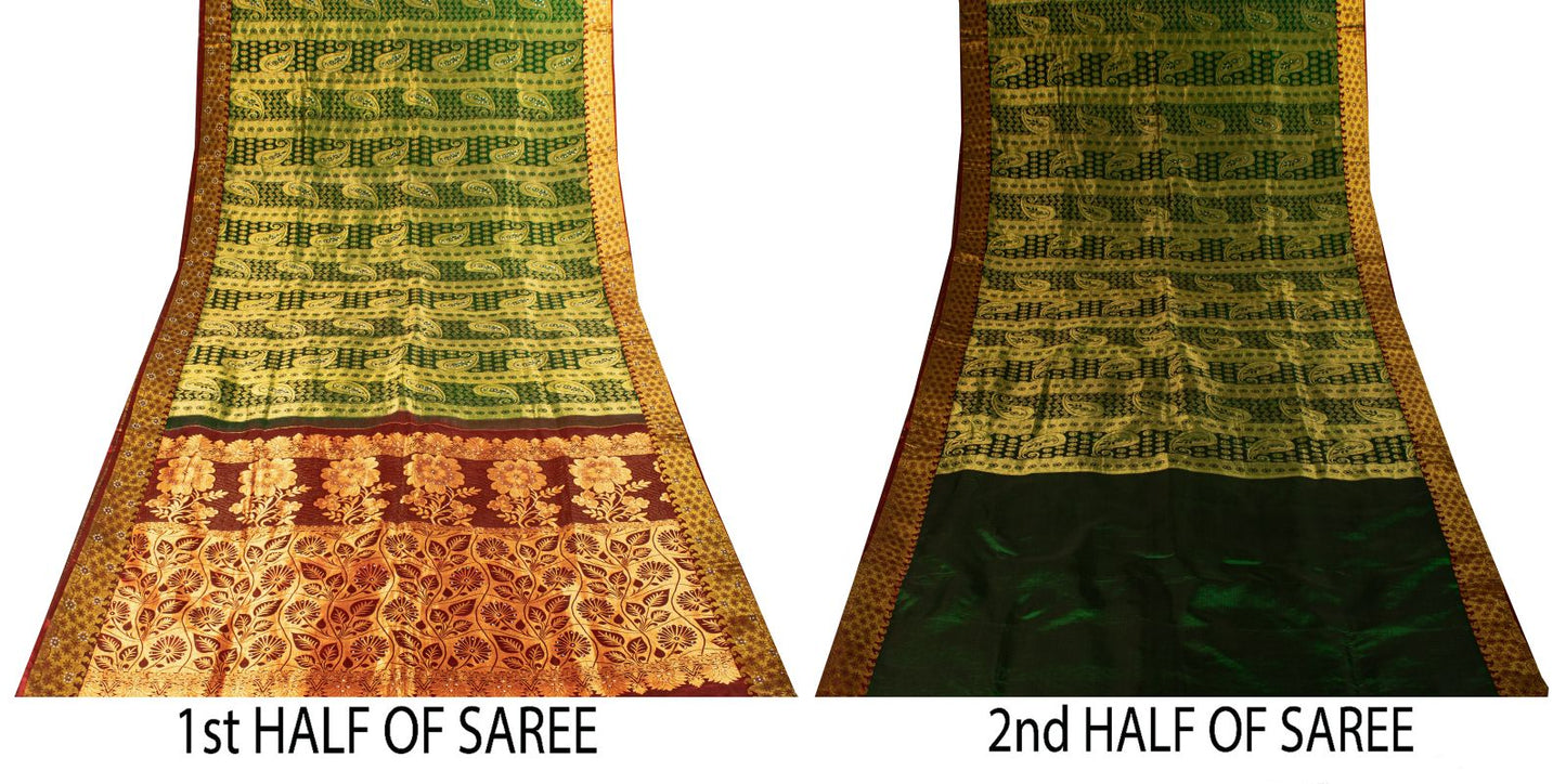 Sanskriti Vintage Saree Green-Red Soft Pure Silk Hand Woven Sari 5.5 Yd Fabric