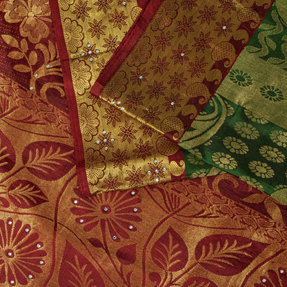Sanskriti Vintage Saree Green-Red Soft Pure Silk Hand Woven Sari 5.5 Yd Fabric