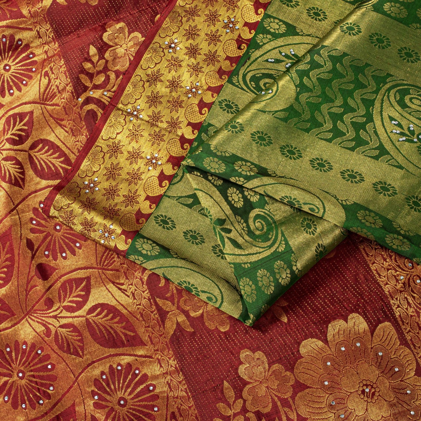 Sanskriti Vintage Saree Green-Red Soft Pure Silk Hand Woven Sari 5.5 Yd Fabric