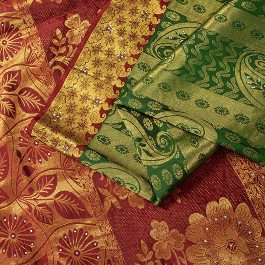 Sanskriti Vintage Saree Green-Red Soft Pure Silk Hand Woven Sari 5.5 Yd Fabric