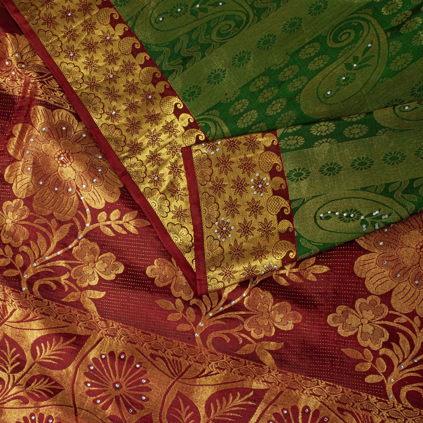 Sanskriti Vintage Saree Green-Red Soft Pure Silk Hand Woven Sari 5.5 Yd Fabric