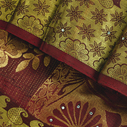 Sanskriti Vintage Saree Green-Red Soft Pure Silk Hand Woven Sari 5.5 Yd Fabric