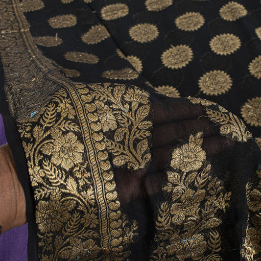 Sanskriti Vintage Saree Black Khaddi Pure Georgette Banarasi Brocade Sari 5+YD