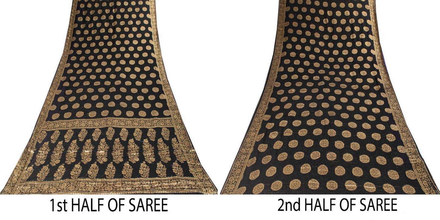Sanskriti Vintage Saree Black Khaddi Pure Georgette Banarasi Brocade Sari 5+YD