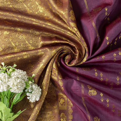 Sanskriti Vintage Saree Wine 100% Pure Silk Peacock Brocade Handwoven Sari 5.5YD